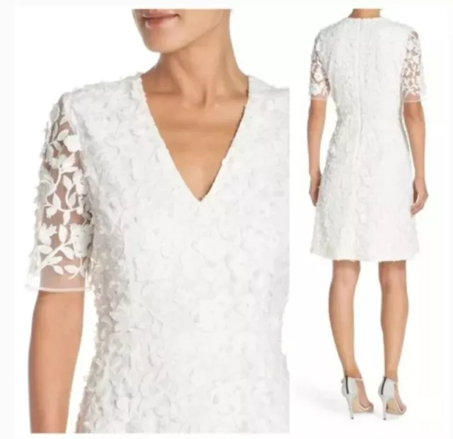 Adrianna Papell Embroidered Floral Lace Mesh Fit & Flare White Dress (Size 10)