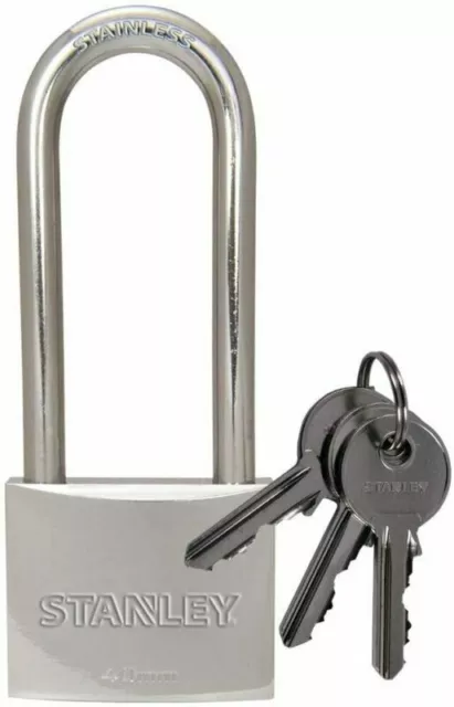 Stanley Chrome Plated Padlock 40mm 3 Keys Long Shackle Solid Brass