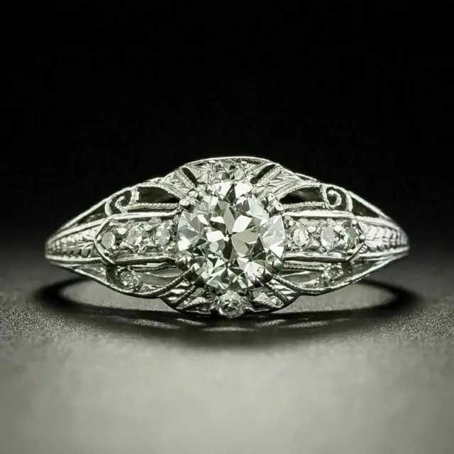 Vintage Art Deco 2.22 Carat White Round Cut Lab Created Diamond Engagement Rings
