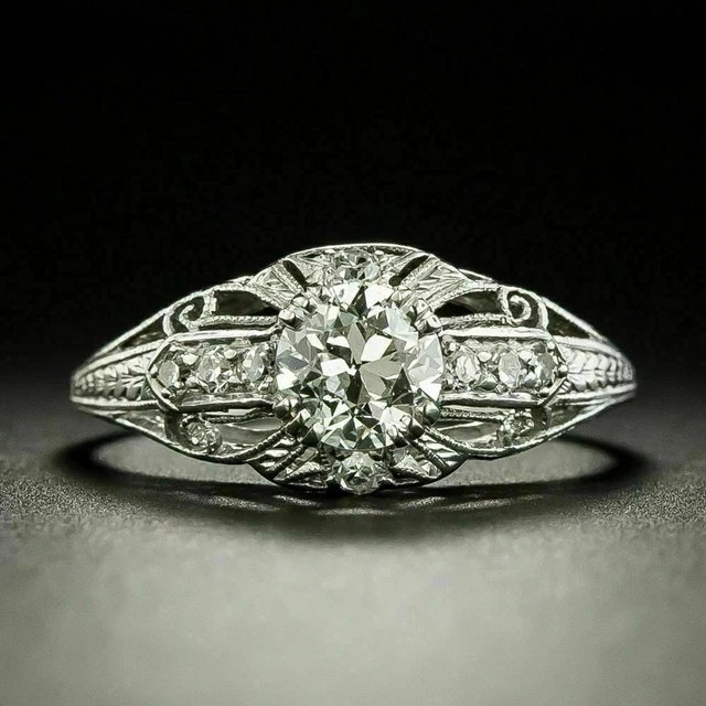 Vintage Art Deco 2.22 Carat White Round Cut Lab Created Diamond Engagement Rings