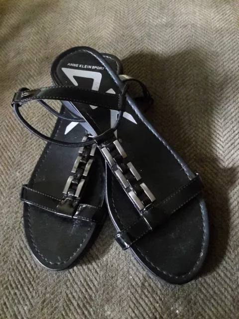 Anne Klein Sport Sandals Womens 7.5M Kingster Strappy Black Faux Leather Slip On