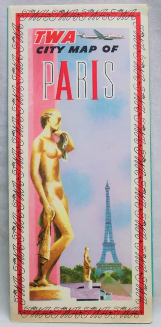 TWA TRANS WORLD AIRLINES PARIS FRANCE CITY MAP & BROCHURE GUIDE 1950s VINTAGE