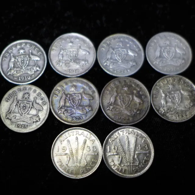 Australia : Lot of (10) Silver Three Pence 1910-1943 VG-AU
