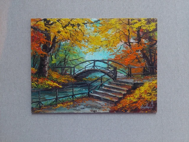Autumn oil painting. Vintage Wooden Bridge in Autumn River Park, Stone Staircase