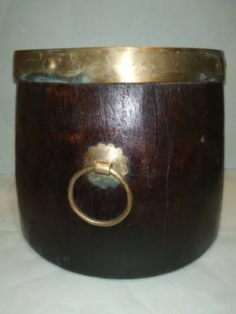 Antique South Indian Rosewood Brass And Wood Grain Rice Measure Pot Kerala #A