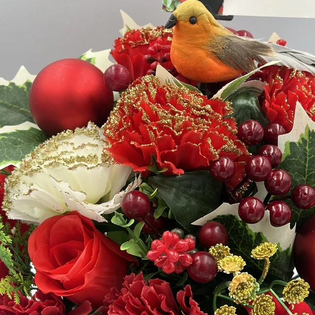 Quality Artificial Christmas  Arrangement Grave vase / Memorial / Crem Pot Red