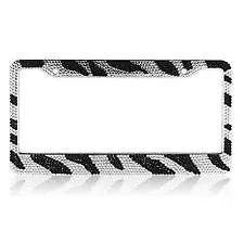 Zebra Crystal Rhinestones License Plate Frame Black and Clear