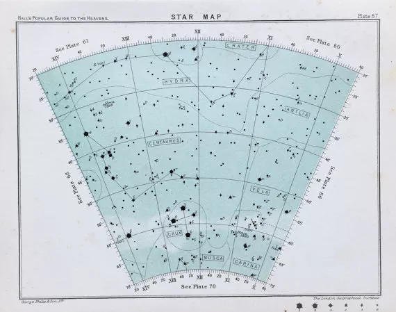 Antique Star Chart, Astronomy Print, Victorian Colour Lithograph Celestial (67)