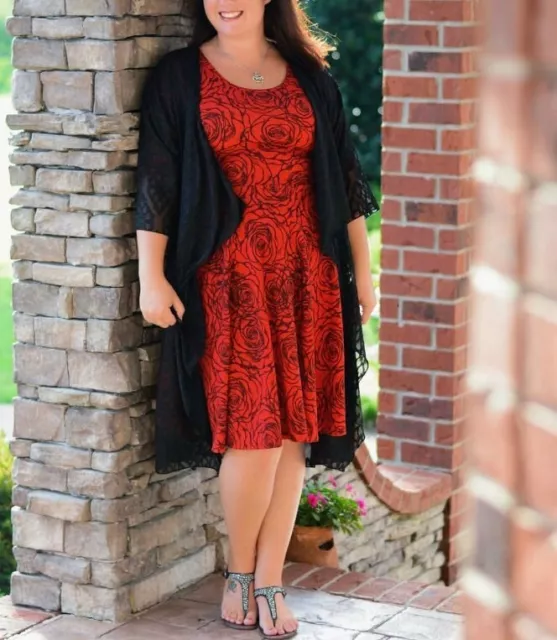 LuLaRoe 2XL Red Scribble Disney Rose Nicole Dress Fit & Flare Scoop Elbow Sleeve