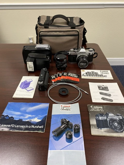 Canon AE-1 35mm Film Camera 2 Lens Flash Winder Case Manual Macro Extras! LOT NR