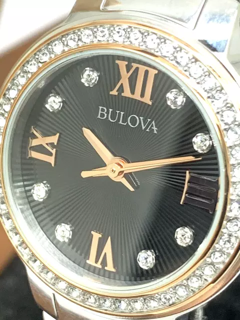 Bulova Women's Watch 98L272 Quartz Crystal Black Dial Rose Gold Silver 28mm