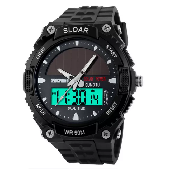 Waterproof Analog Quartz Men Solar Power Sport Dual Time LED Digital Watch