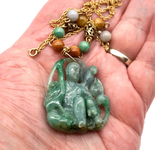 14K Gold & Jade Sculpted Pendant Necklace Figure Man w/ Heron Parrot & Squirrel