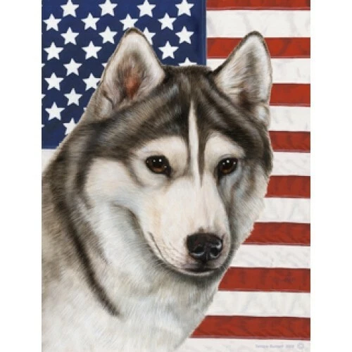 Patriotic (D2) Garden Flag - Brown-Eyed Grey and White Siberian Husky 320181