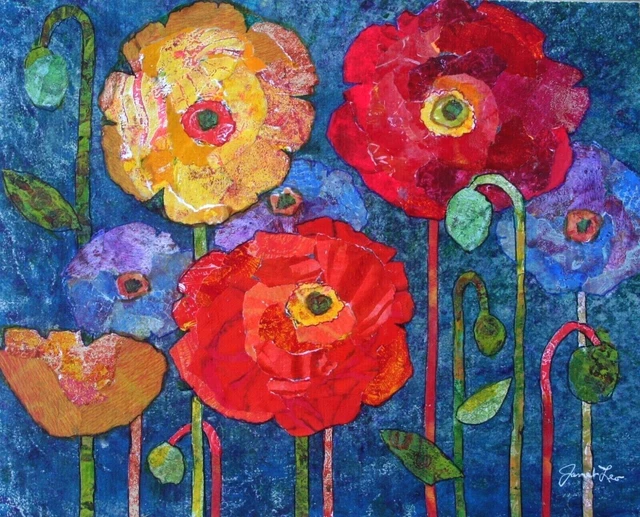 JANET LEO  sfa   ORIGINAL MIXED MEDIA   collage PLAYFUL POPPIES  floral