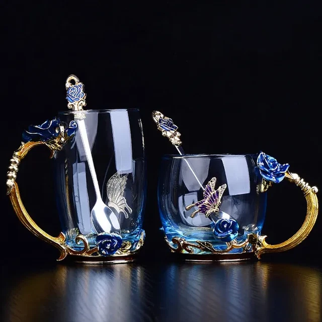 Red Blue Rose Enamel Crystal Cup Flower Tea Cup Butterfly Glass Water Cups Flowe
