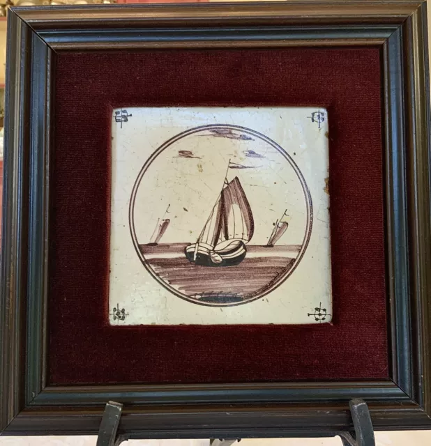 Dutch Delft Manganese Tile in Wood Frame c. 1800 2