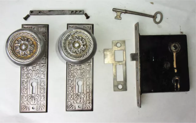 Antique Door Set Victorian / Eastlake Backplate Knob Mortise Lock Key Reclaimed