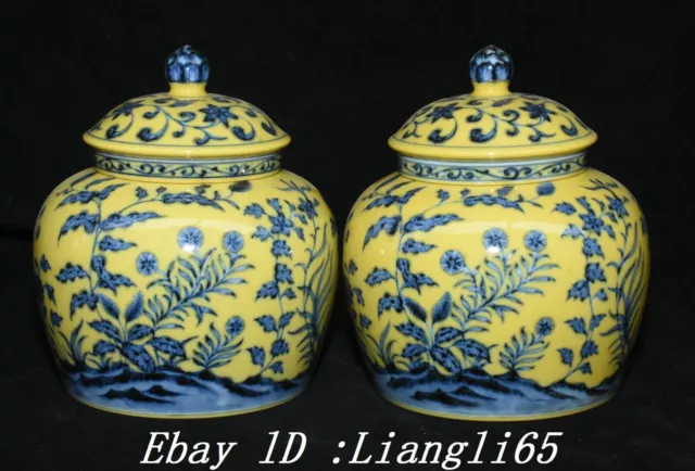 7''Ming Chenghua markierte gelbe Glasur Blau Weiß Deckel Crock Topf Paar