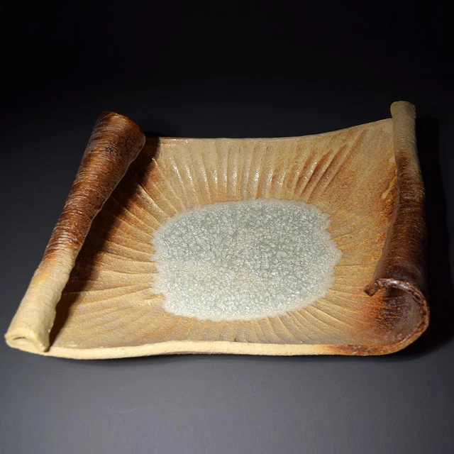 Shigaraki Ware Flat Bowl, Water Lily Pottery, Tea Utensils, Flower Antiques, Ant