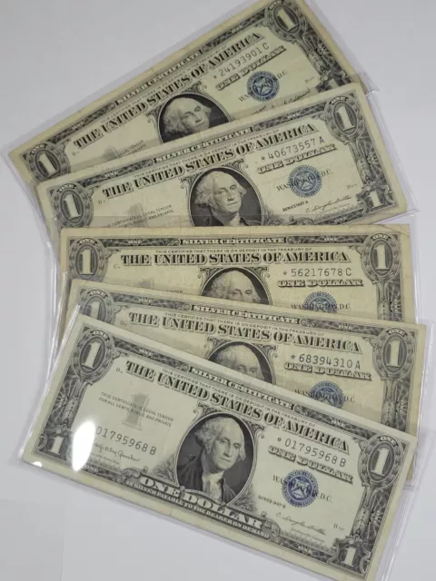 1957 STAR NOTE $1 Silver Certificates *LOT OF 5* Blue Seal Avg Circ One Dollar