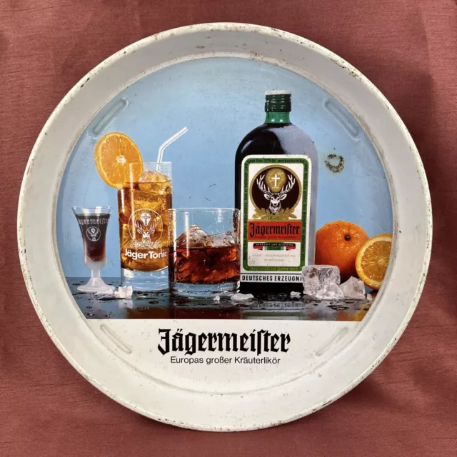 Retro Jägermeister Serviertablett aus Blech Vintage Kräuterlikör ca 34 cm ø