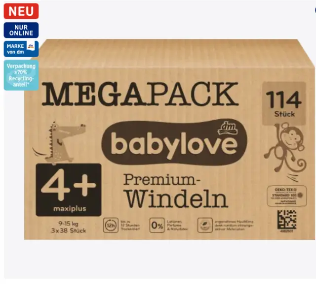 Babylove Windeln Premium Gr.4+, Maxi, 9-15 kg,Jumbo Pack,114 Stk Windeln Pants