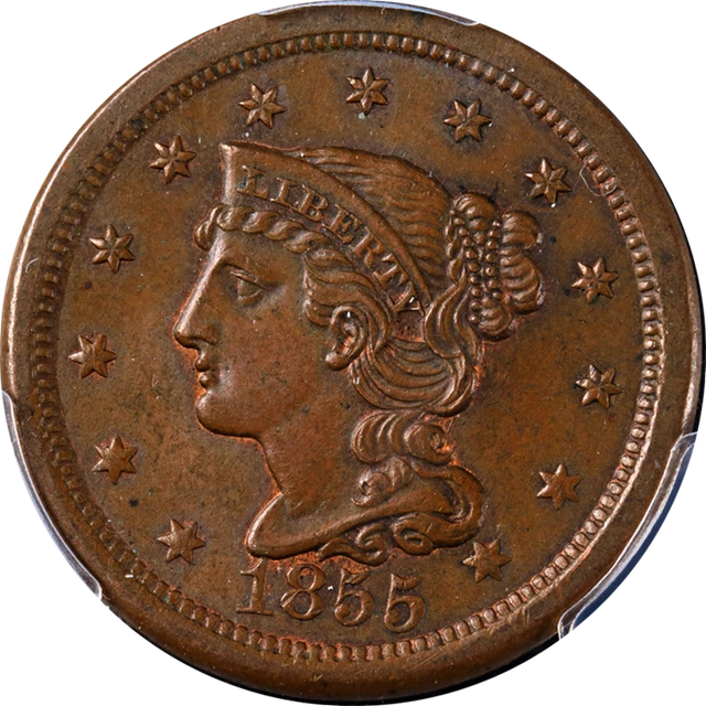 1855 Large Cent Upright 55 PCGS MS62 BN Great Eye Appeal Strong Strike
