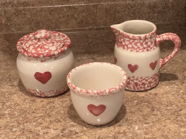 SET Henn Pottery Red Heart Creamer Sugar Bowl Custard  Cup Roseville Spongeware