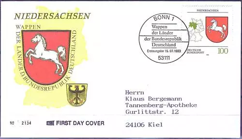 BRD 1993: Niedersachsen! FDC Nr. 1662 mit Bonner Sonderstempel! Gelaufen! 22-06