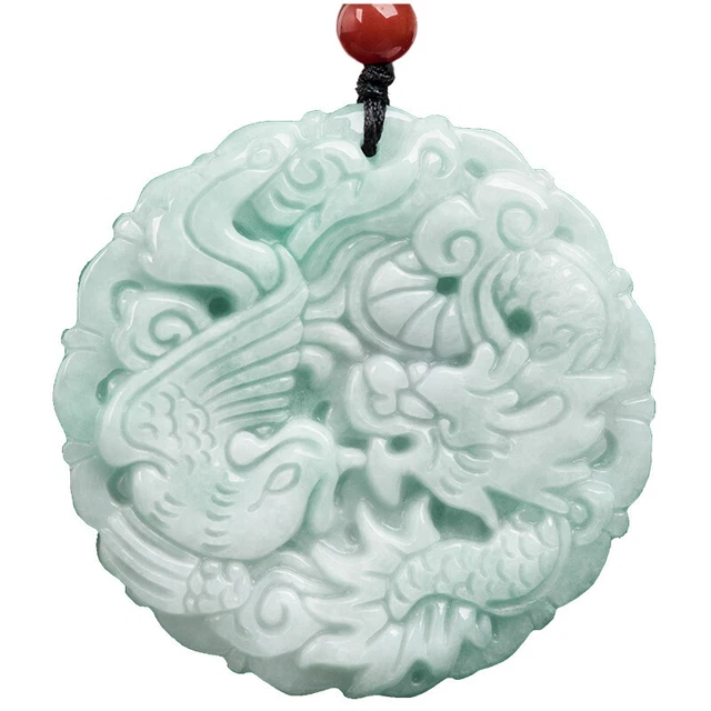 Burmese Jade Dragon Phoenix Pendant Jewelry Natural Green Necklace Emerald