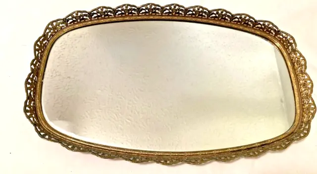 Filigree Gold Metal Vanity Dresser Perfume Mirror Tray w/Hanger 8.5x14.25x1 Vtg
