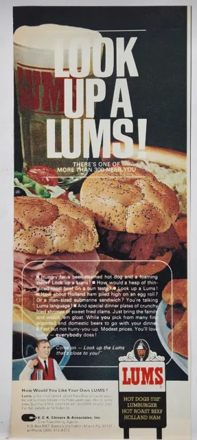 1969 LUMS Hot Dogs Lumburger Roast Beef Restaurant Vintage Print Ad