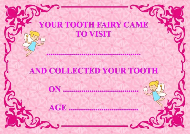 Tooth Fairy came to visit Certificate pink for girls new free post