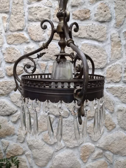 Lustre suspendu ancien à pampilles - Style Napoléon III - Cuivre et laiton 