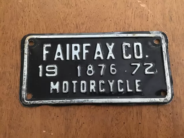 1972 Fairfax County Motorcycle License Plate Tag Virginia