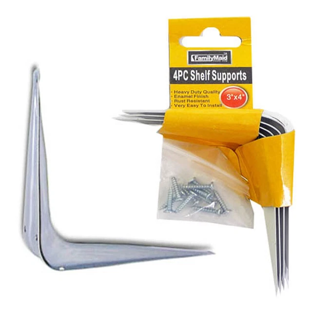 White Enamel Shelf Brackets Angled Metal Shelving Support Arms  3" x 4"
