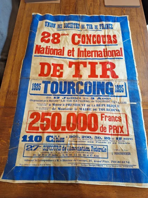 AFFICHE XXL ORIGINALE ANCIENNE 1925 CONCOUR DE TIR TOURCOING (59) 120x80cm DECO