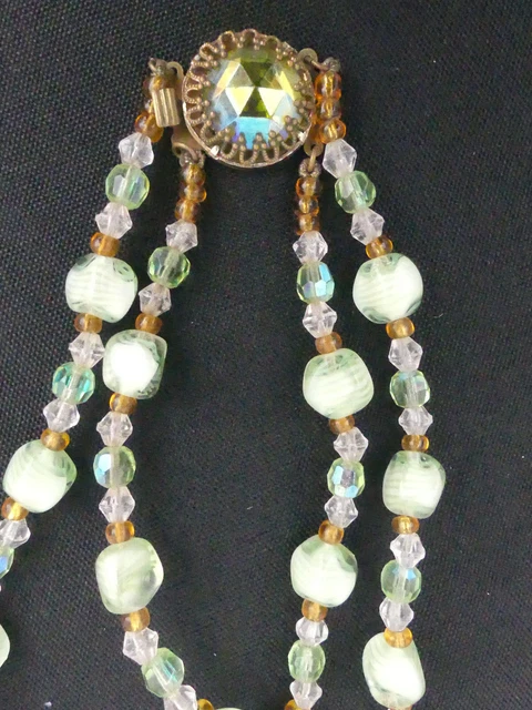 Collier Sautoir Vintage Double Rangs Perles Verre Façon Murano Noir Et Cuivré - Occasion
