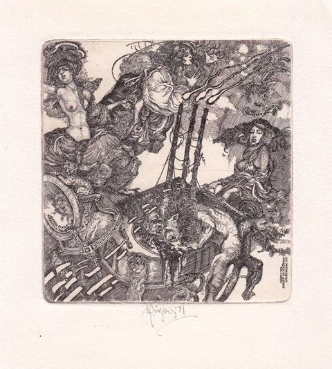 Exlibris Bookplate Radierung Harry Jürgens 1949 Akt Fabelwesen Bayros