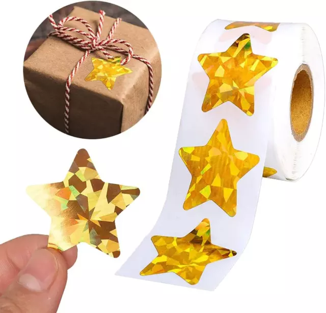 500 PCS Holographic Gold Star Stickers, 2.5 Centimeters Self Adhesive Metallic G