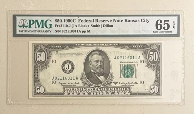 1950C $50 FRN Federal Reserve Note Kansas City PMG Gem UNC 65