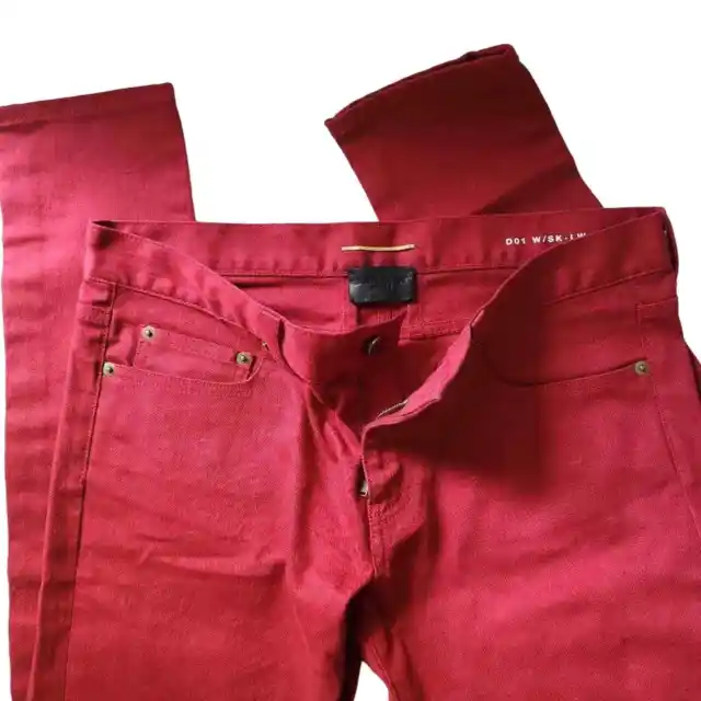 YSL Ives Saint Laurent Womens Designer Straight Jeans Red  Mid Rise Zipper 30