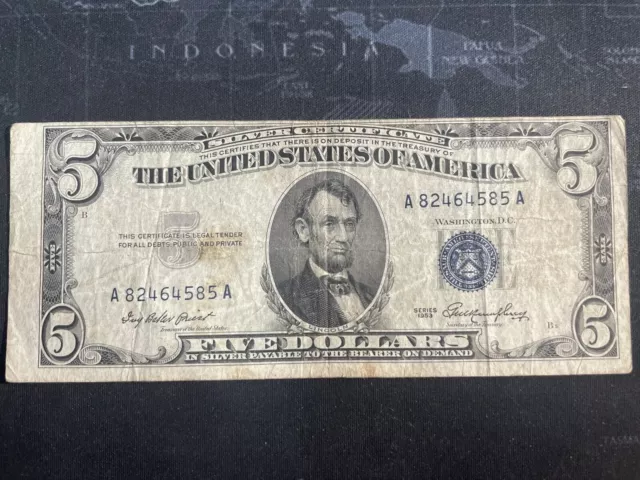 Series 1953 A $5 Silver Certificate Misaligned Seal And Uneven Cut Error