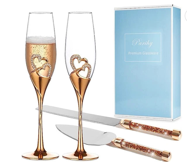 Juego de servidor de flautas y cuchillos de champán de oro rosa para boda, regalos de boda tostadas