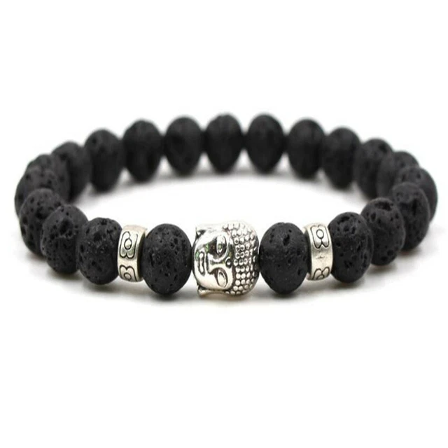 8mm Black Lava Stone Bracelet 7.5inches Meditation Healing Tibet silver MONK