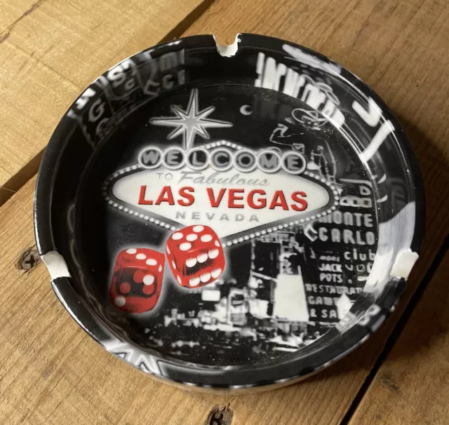 Fabulous Las Vegas Nevada Black White Red Ceramic Ashtray 5" ABC