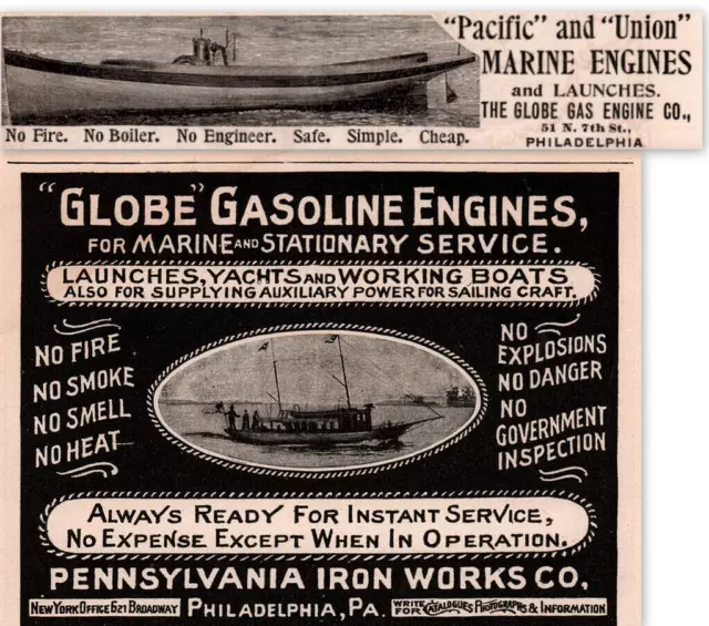 2 1890 'S  Globe Gas engine Pacific Union Marine Penn Iron Print Ads