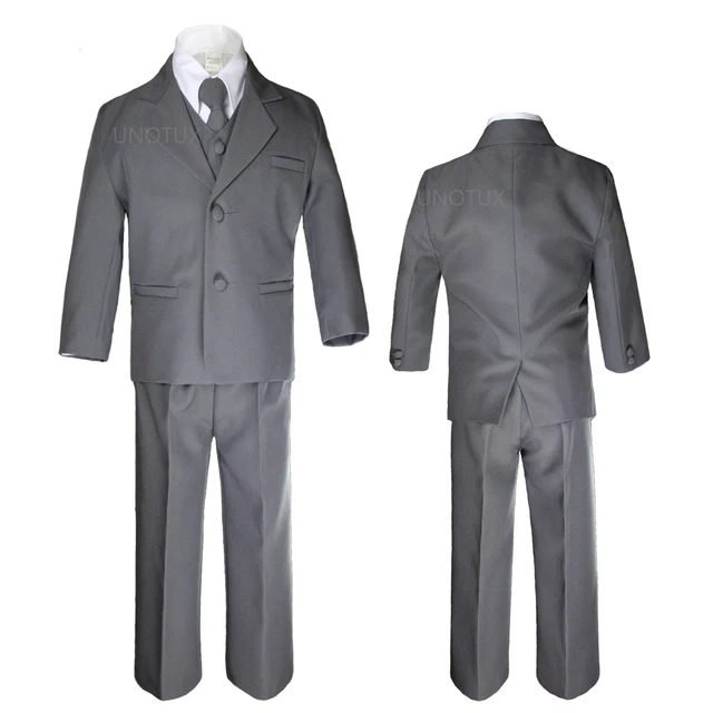 Baby Toddler Boy Wedding Recital B-day Formal Party 5pc Dark Gray Tuxedo Suits
