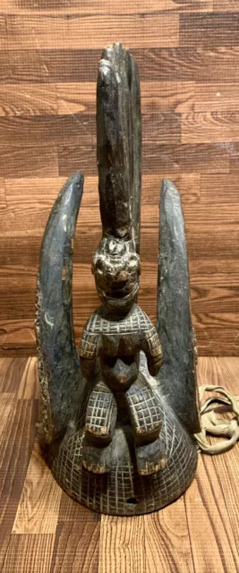 Early 20th Century Senufo Ivory Coast African Carved Wood Horned Helmet
